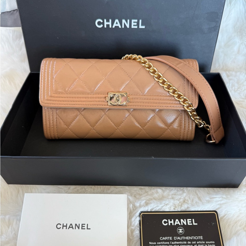Sold! Dark Beige Chanel Boy Classic Quilted Leather Wallet on chain